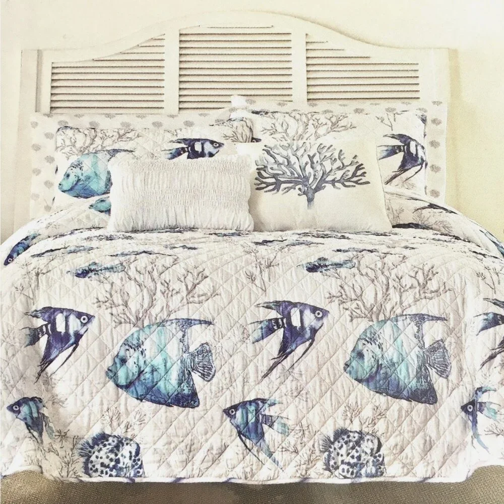 9pc Nicole Miller Blue Fish Coral Ocean QUEEN Quilt Set Sham Sheet Throw Pillow